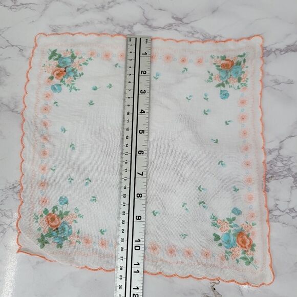 Vintage Hankerchief Hankie Hanky Lot of 2 White Peach Floral  White Blue Floral - Picture 7 of 9